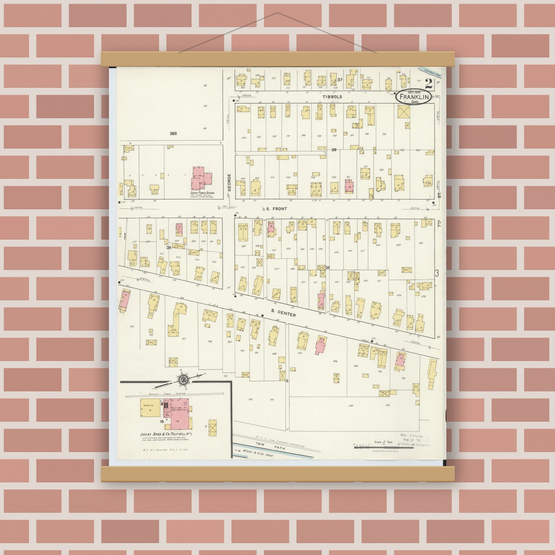 Old map wall art mockup — magnetic wood frame on brick wall — Sanborn Fire Insurance Map from Franklin, Warren County, Ohio (1916), Sheet #0002