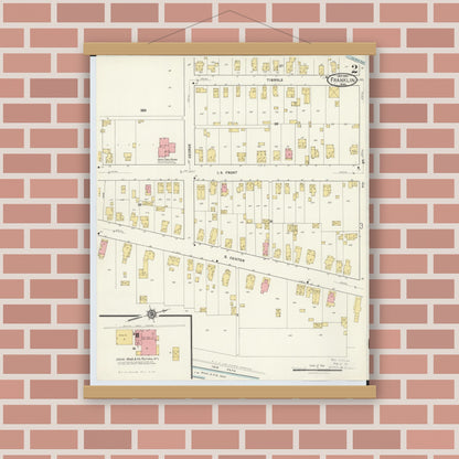 Old map wall art mockup — magnetic wood frame on brick wall — Sanborn Fire Insurance Map from Franklin, Warren County, Ohio (1916), Sheet #0002