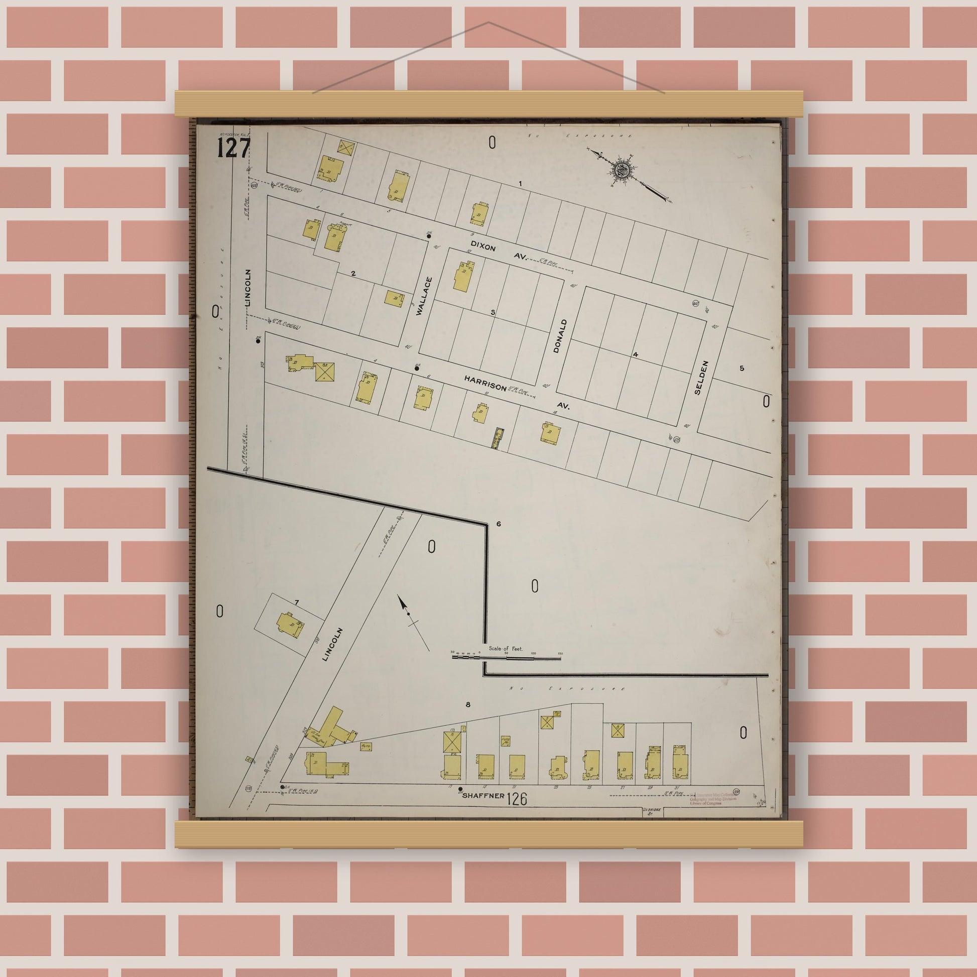 Old map wall art mockup — magnetic wood frame on brick wall — Sanborn Fire Insurance Map from Worcester, Worcester County, Massachusetts (1910), Sheet #0127