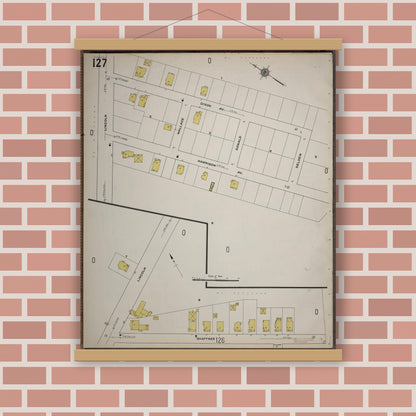 Old map wall art mockup — magnetic wood frame on brick wall — Sanborn Fire Insurance Map from Worcester, Worcester County, Massachusetts (1910), Sheet #0127