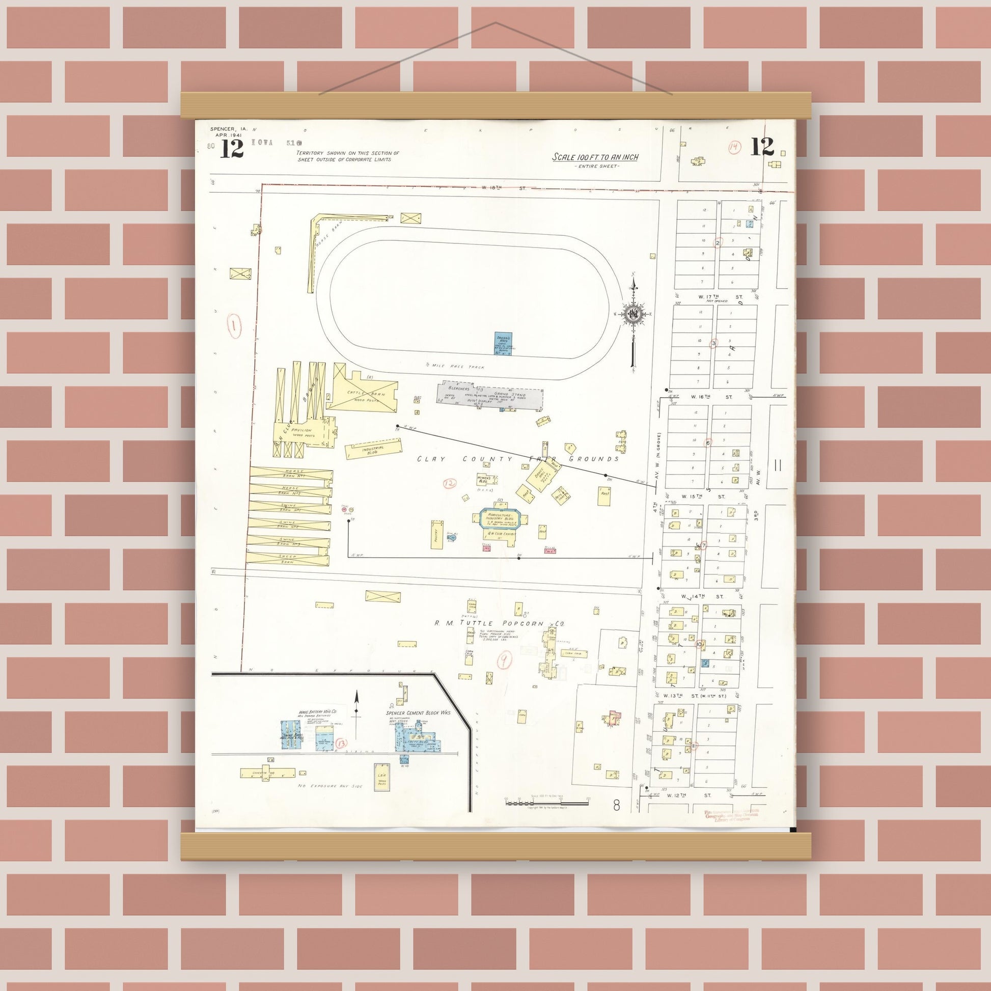 Old map wall art mockup — magnetic wood frame on brick wall — Sanborn Fire Insurance Map from Spencer, Clay County, Iowa (1946), Sheet #0012
