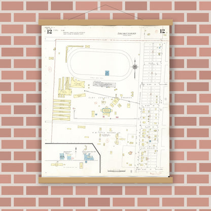 Old map wall art mockup — magnetic wood frame on brick wall — Sanborn Fire Insurance Map from Spencer, Clay County, Iowa (1946), Sheet #0012