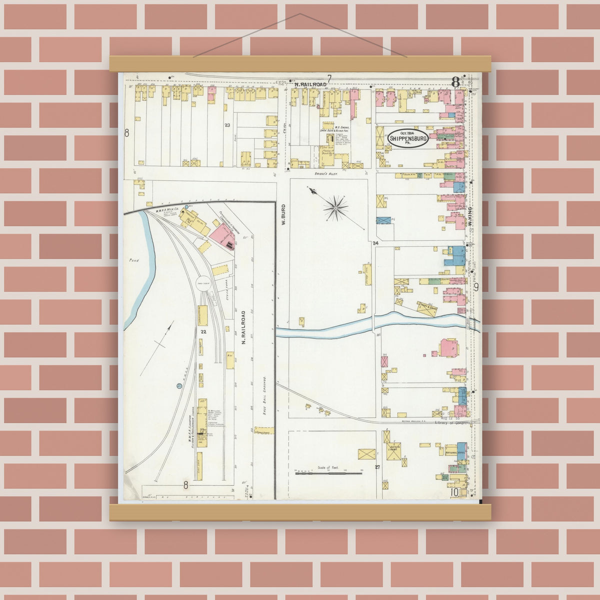 Old map wall art mockup — magnetic wood frame on brick wall — Sanborn Fire Insurance Map from Shippensburg, Cumberland And Franklin Counties, Pennsylvania (1904), Sheet #0008