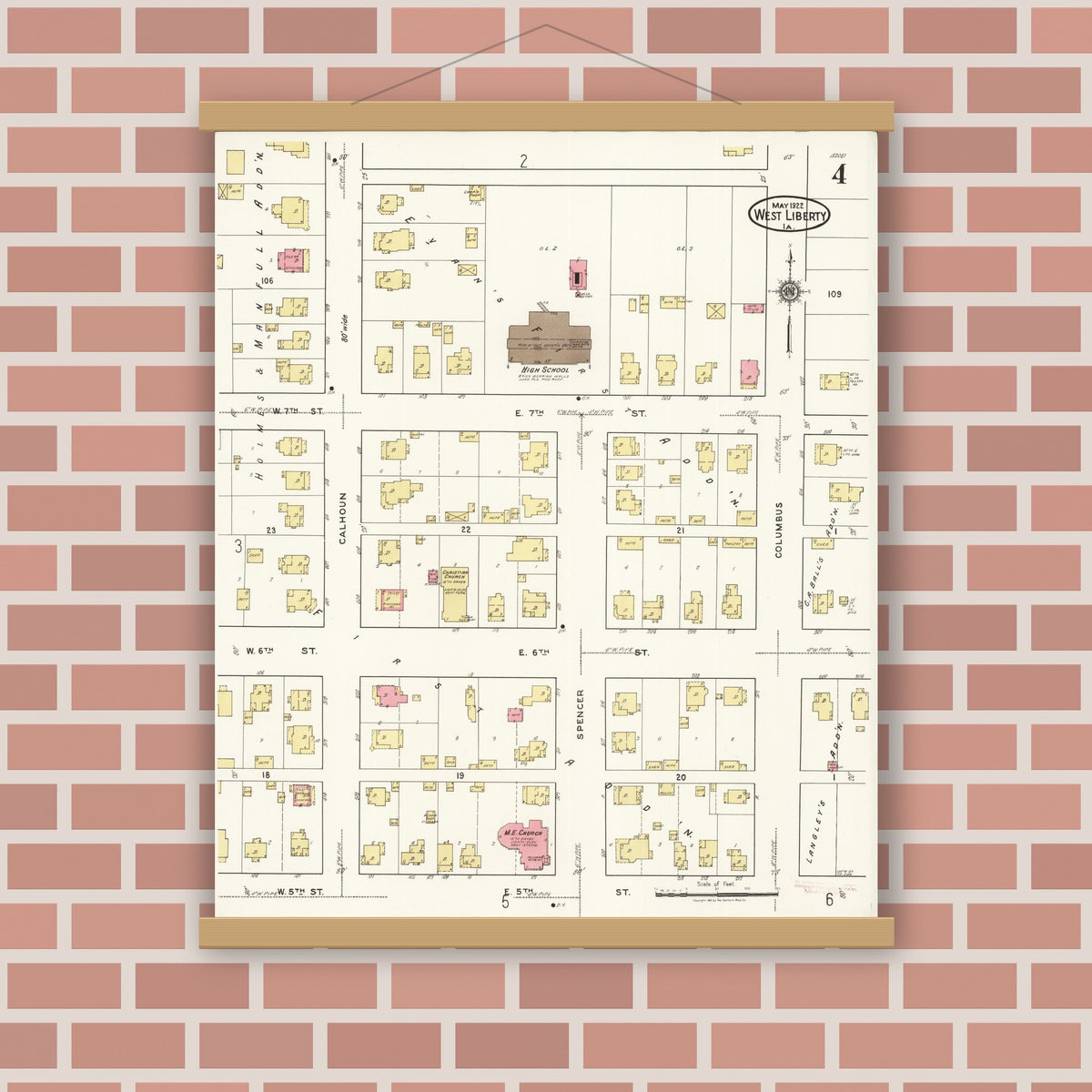 Old map wall art mockup — magnetic wood frame on brick wall — Sanborn Fire Insurance Map from West Liberty, Muscatine County, Iowa (1922), Sheet #0004