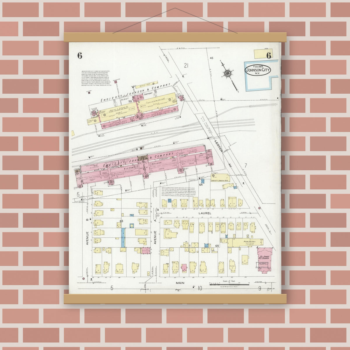 Old map wall art mockup — magnetic wood frame on brick wall — Sanborn Fire Insurance Map from Johnson City, Broome County, New York (1925), Sheet #0006