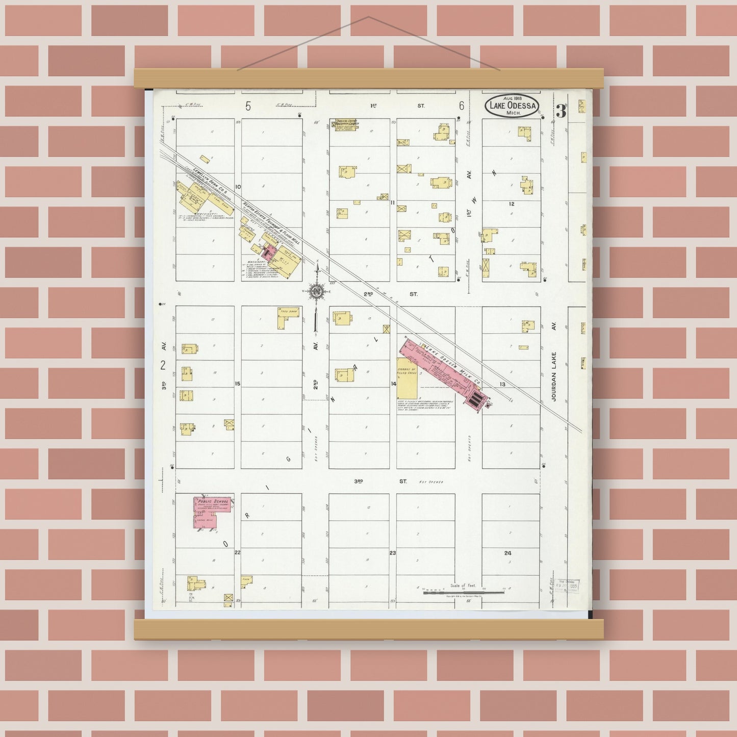 Old map wall art mockup — magnetic wood frame on brick wall — Sanborn Fire Insurance Map from Lake Odessa, Ionia County, Michigan (1918), Sheet #0003