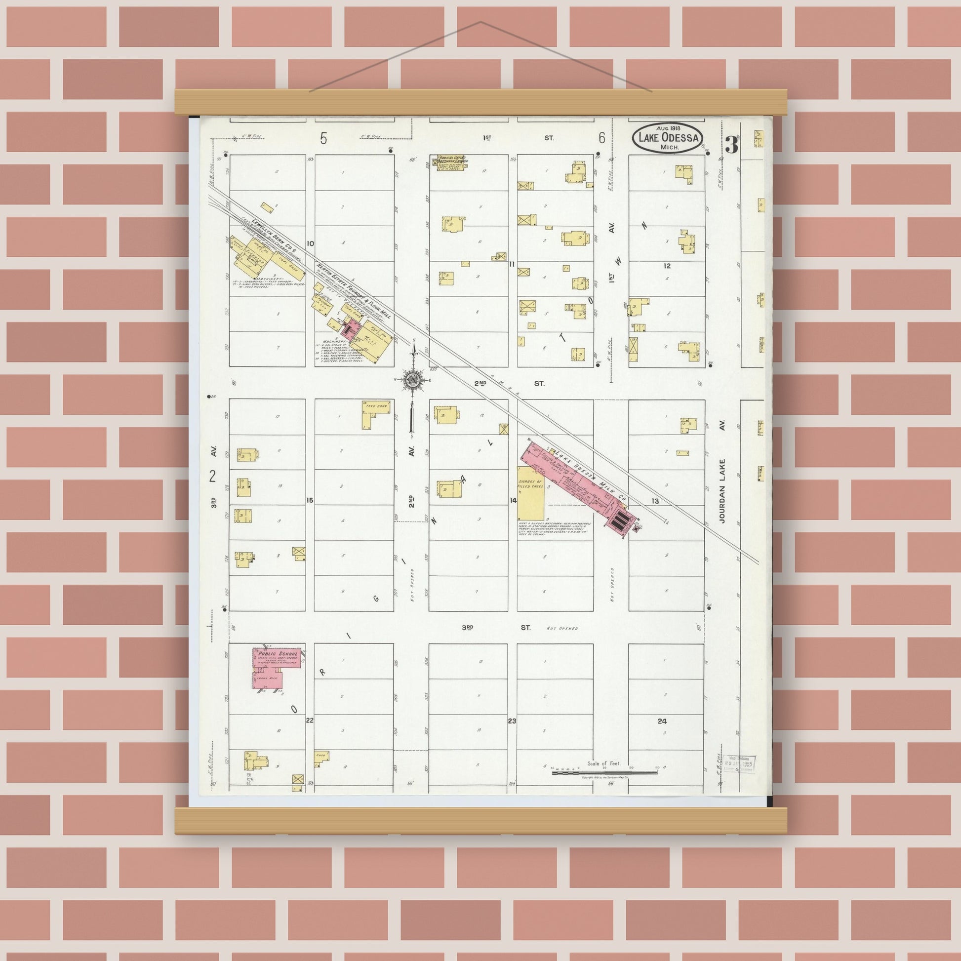 Old map wall art mockup — magnetic wood frame on brick wall — Sanborn Fire Insurance Map from Lake Odessa, Ionia County, Michigan (1918), Sheet #0003