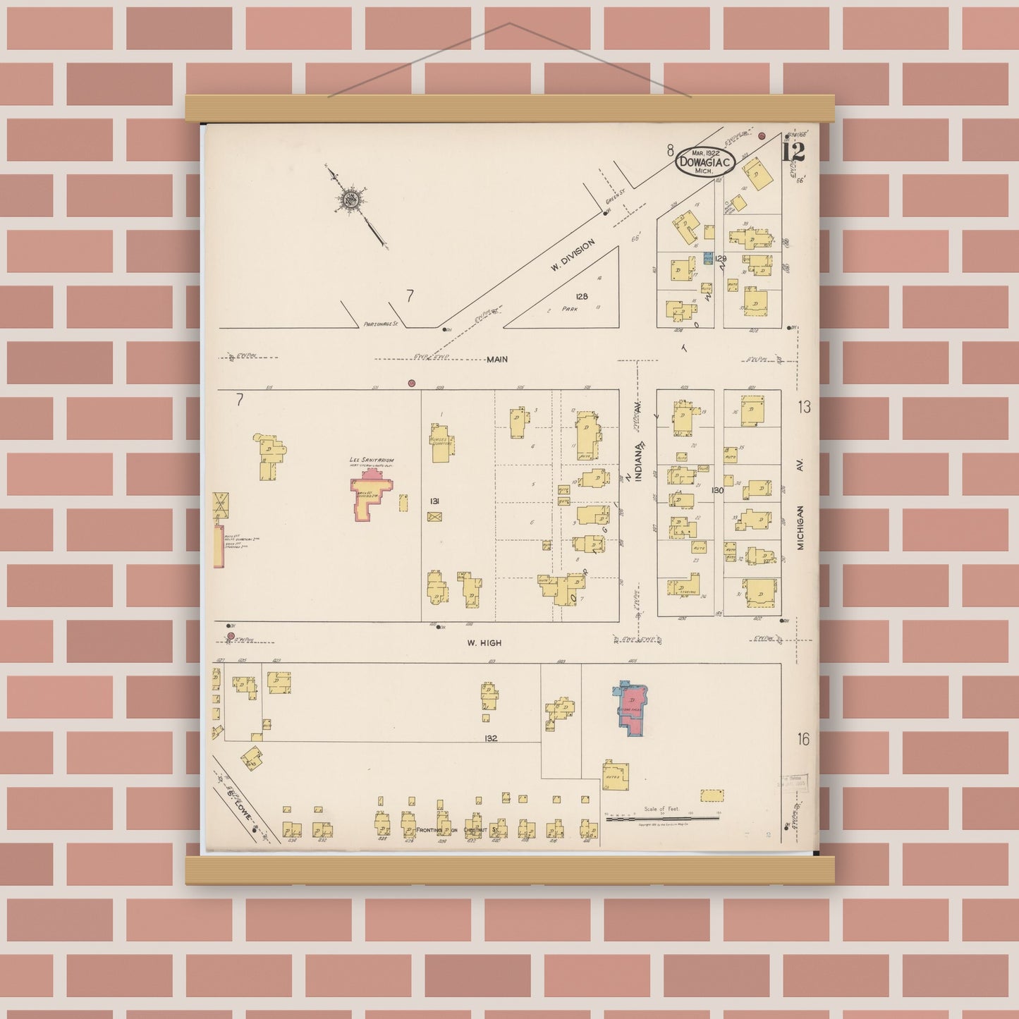Old map wall art mockup — magnetic wood frame on brick wall — Sanborn Fire Insurance Map from Dowagiac, Cass County, Michigan (1922), Sheet #0012