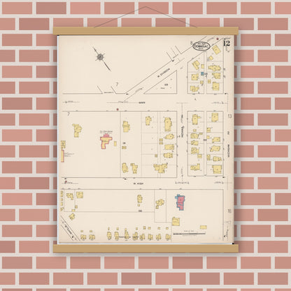 Old map wall art mockup — magnetic wood frame on brick wall — Sanborn Fire Insurance Map from Dowagiac, Cass County, Michigan (1922), Sheet #0012