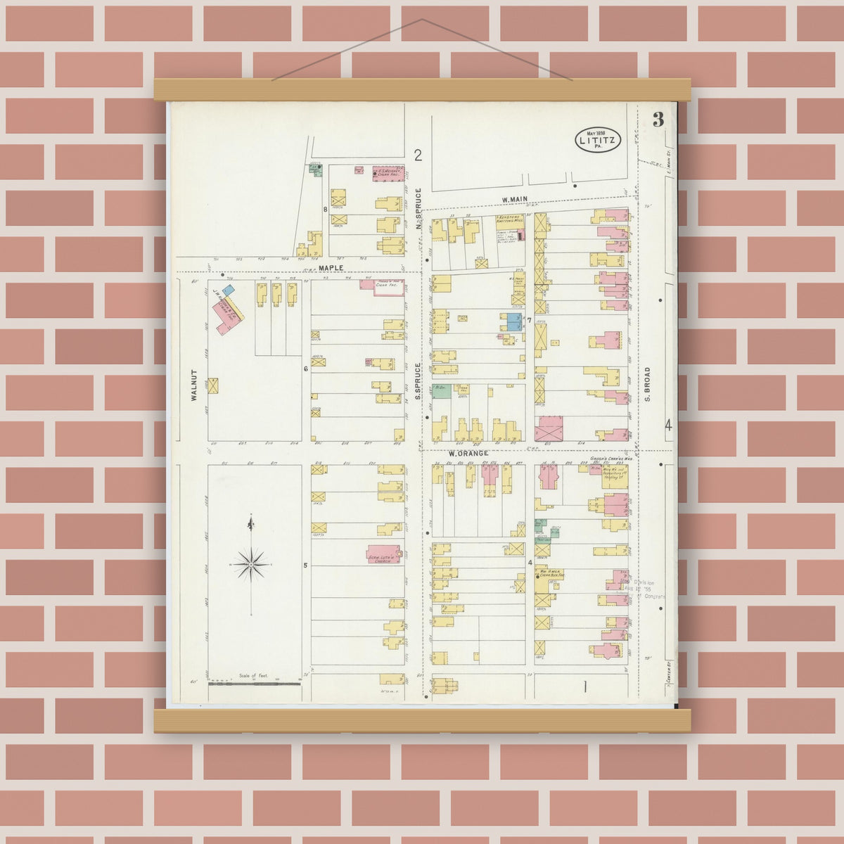 Old map wall art mockup — magnetic wood frame on brick wall — Sanborn Fire Insurance Map from Lititz, Lancaster County, Pennsylvania (1898), Sheet #0003