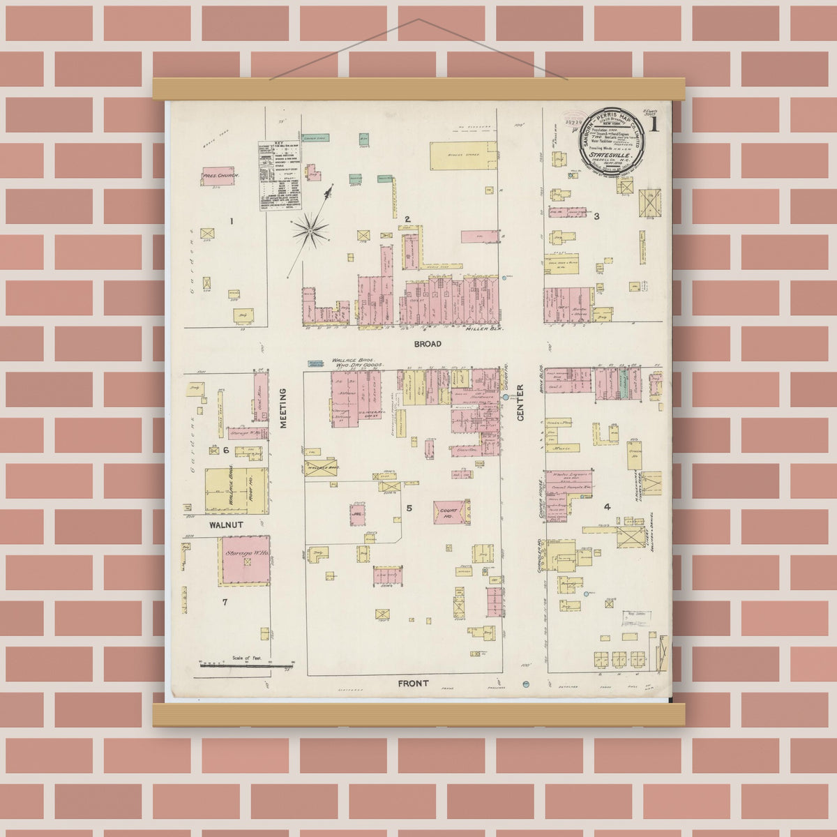 Old map wall art mockup — magnetic wood frame on brick wall — Sanborn Fire Insurance Map from Statesville, Iredell County, North Carolina (1890) - Complete Map Set
