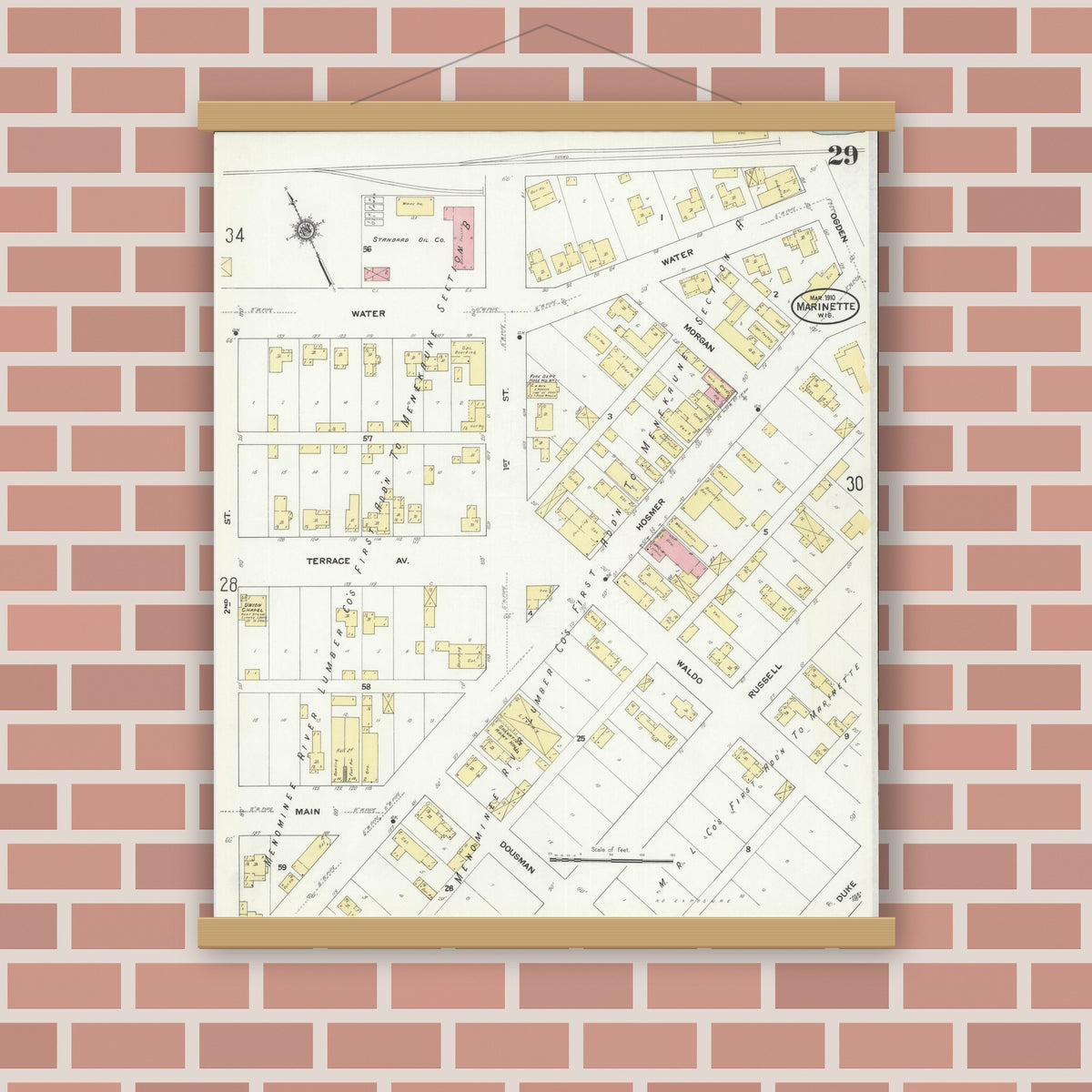 Old map wall art mockup — magnetic wood frame on brick wall — Sanborn Fire Insurance Map from Marinette, Marinette County, Wisconsin (1910), Sheet #0029