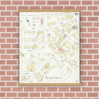 Old map wall art mockup — magnetic wood frame on brick wall — Sanborn Fire Insurance Map from Marinette, Marinette County, Wisconsin (1910), Sheet #0029
