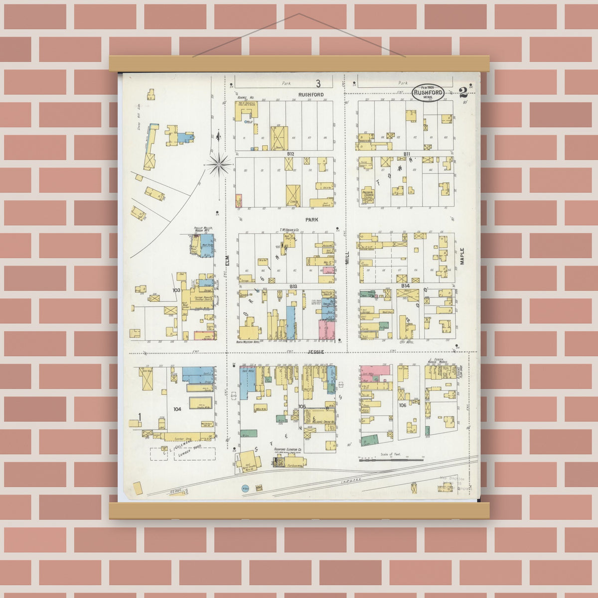 Old map wall art mockup — magnetic wood frame on brick wall — Sanborn Fire Insurance Map from Rushford, Fillmore County, Minnesota (1900), Sheet #0002
