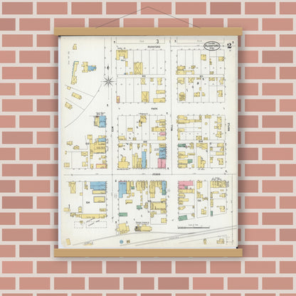 Old map wall art mockup — magnetic wood frame on brick wall — Sanborn Fire Insurance Map from Rushford, Fillmore County, Minnesota (1900), Sheet #0002