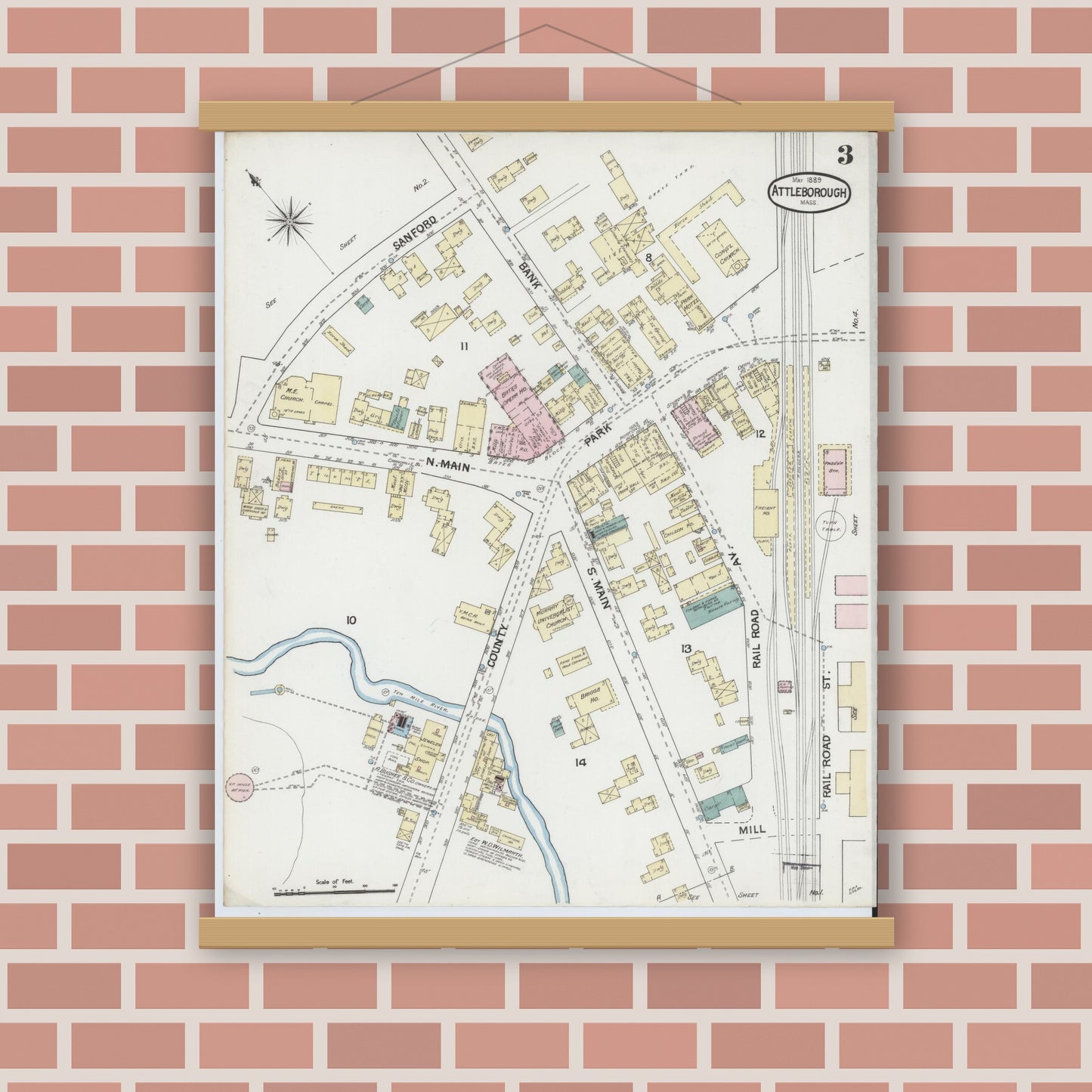 Old map wall art mockup — magnetic wood frame on brick wall — Sanborn Fire Insurance Map from Attleboro, Bristol County, Massachusetts (1889), Sheet #0003