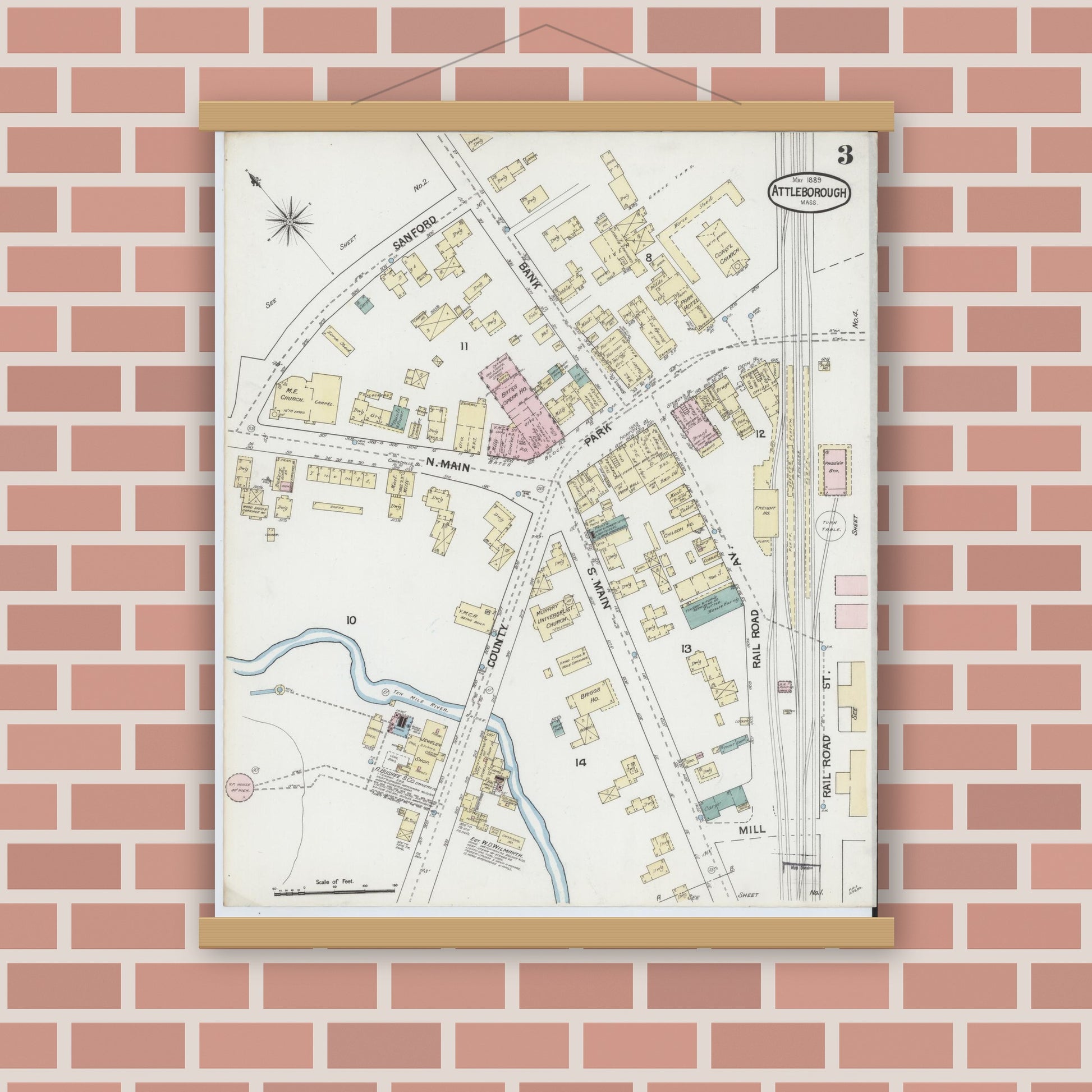 Old map wall art mockup — magnetic wood frame on brick wall — Sanborn Fire Insurance Map from Attleboro, Bristol County, Massachusetts (1889), Sheet #0003