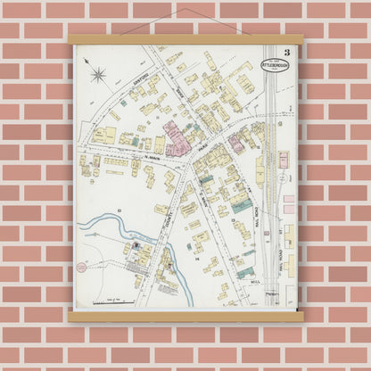 Old map wall art mockup — magnetic wood frame on brick wall — Sanborn Fire Insurance Map from Attleboro, Bristol County, Massachusetts (1889), Sheet #0003