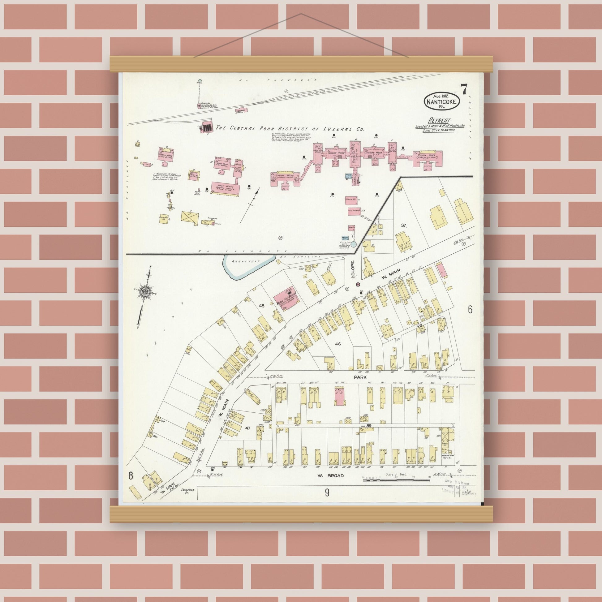 Old map wall art mockup — magnetic wood frame on brick wall — Sanborn Fire Insurance Map from Nanticoke, Luzerne County, Pennsylvania (1912), Sheet #0007