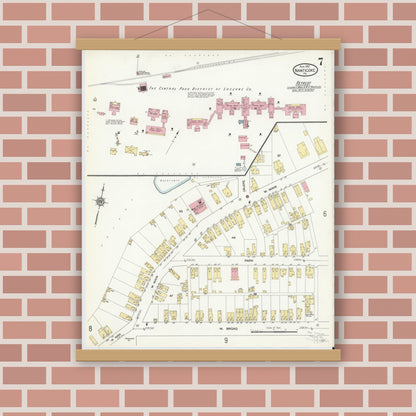 Old map wall art mockup — magnetic wood frame on brick wall — Sanborn Fire Insurance Map from Nanticoke, Luzerne County, Pennsylvania (1912), Sheet #0007