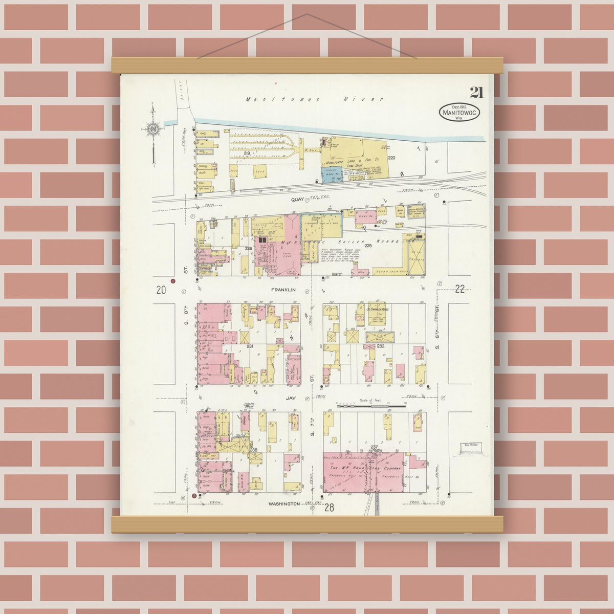 Old map wall art mockup — magnetic wood frame on brick wall — Sanborn Fire Insurance Map from Manitowoc, Manitowoc County, Wisconsin (1912), Sheet #0021