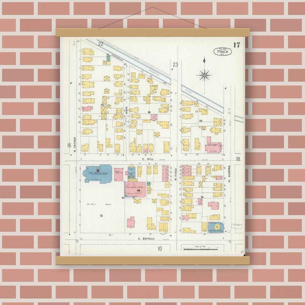 Old map wall art mockup — magnetic wood frame on brick wall — Sanborn Fire Insurance Map from Ithaca, Tompkins County, New York (1904), Sheet #0017