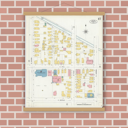 Old map wall art mockup — magnetic wood frame on brick wall — Sanborn Fire Insurance Map from Ithaca, Tompkins County, New York (1904), Sheet #0017