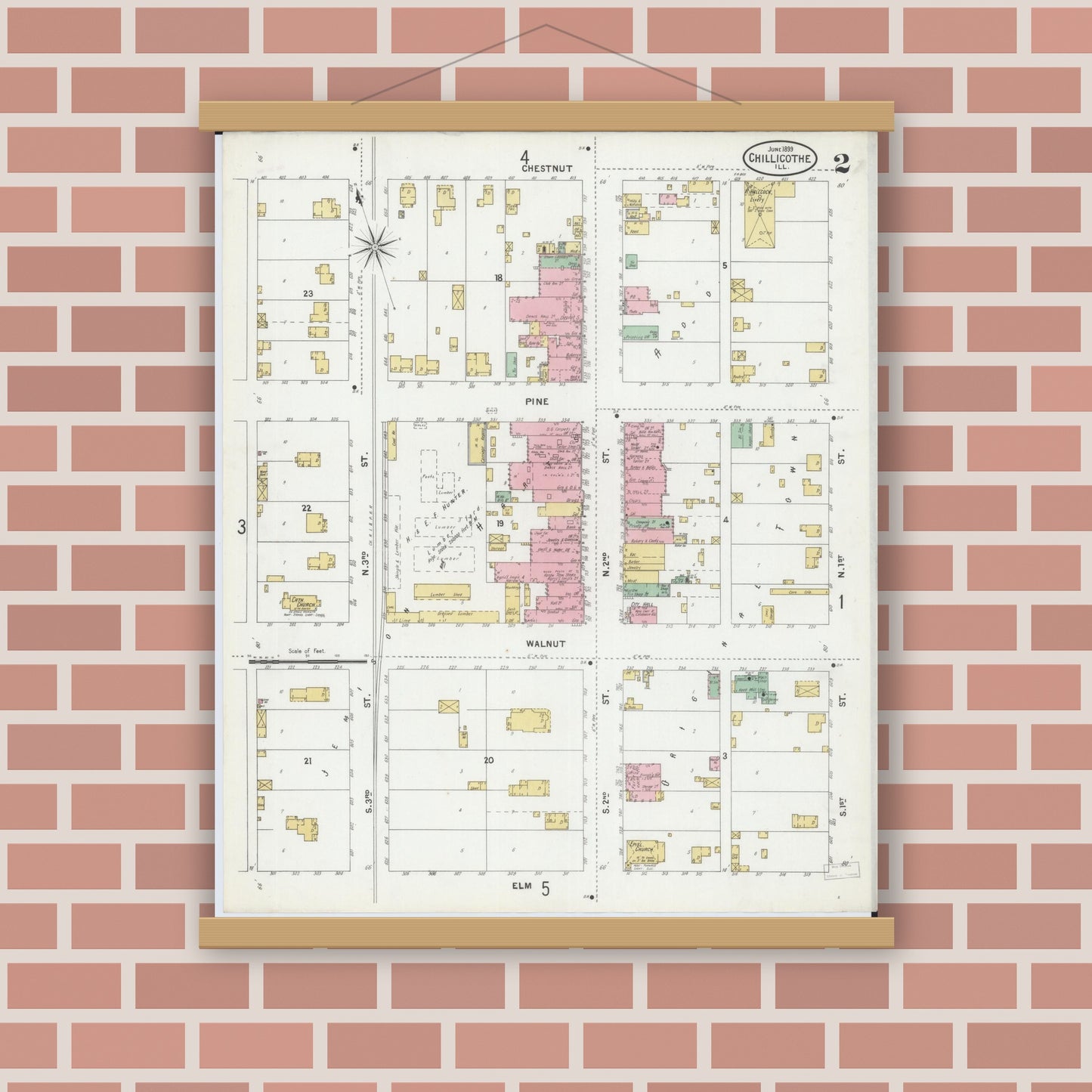 Old map wall art mockup — magnetic wood frame on brick wall — Sanborn Fire Insurance Map from Chillicothe, Peoria County, Illinois (1899), Sheet #0002