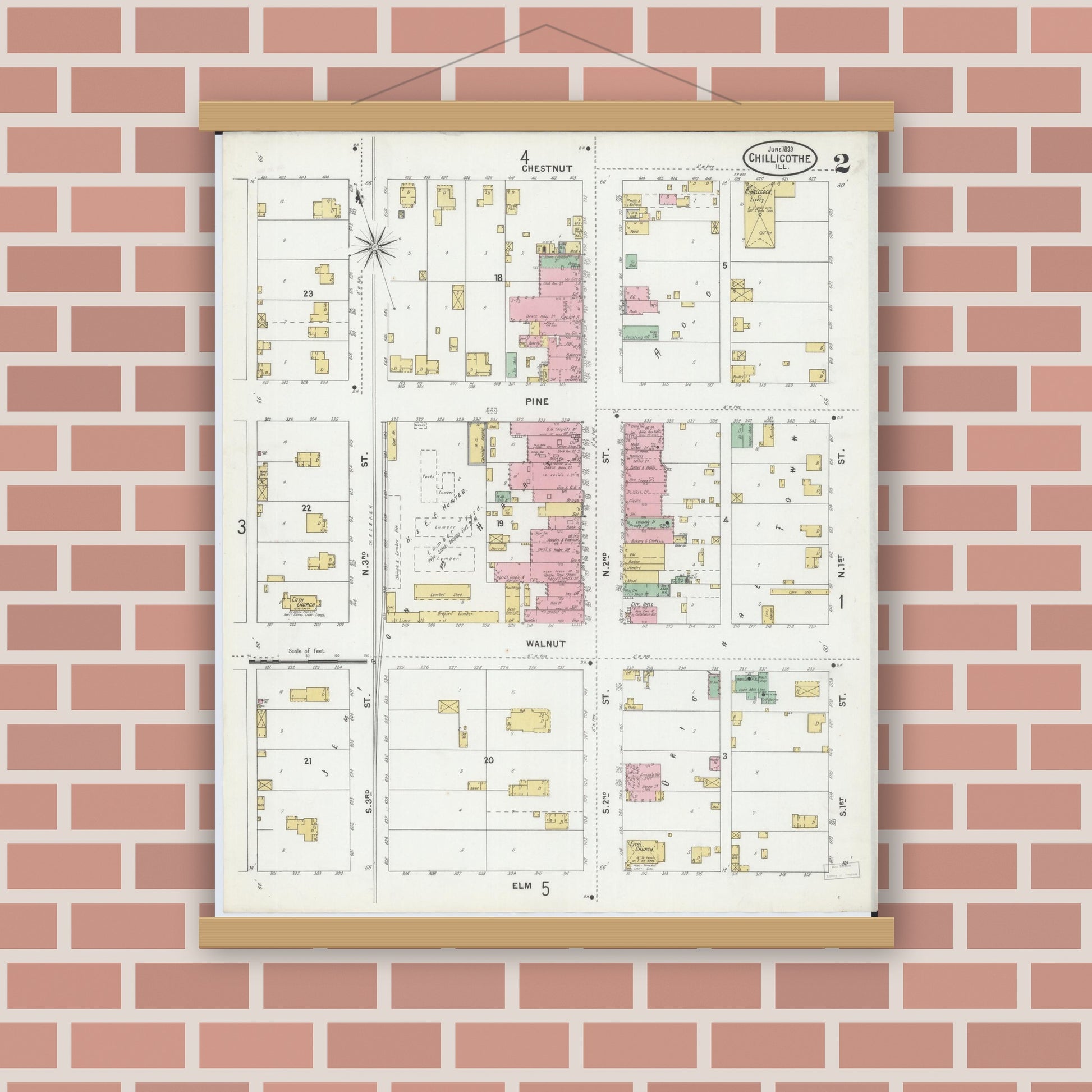 Old map wall art mockup — magnetic wood frame on brick wall — Sanborn Fire Insurance Map from Chillicothe, Peoria County, Illinois (1899), Sheet #0002