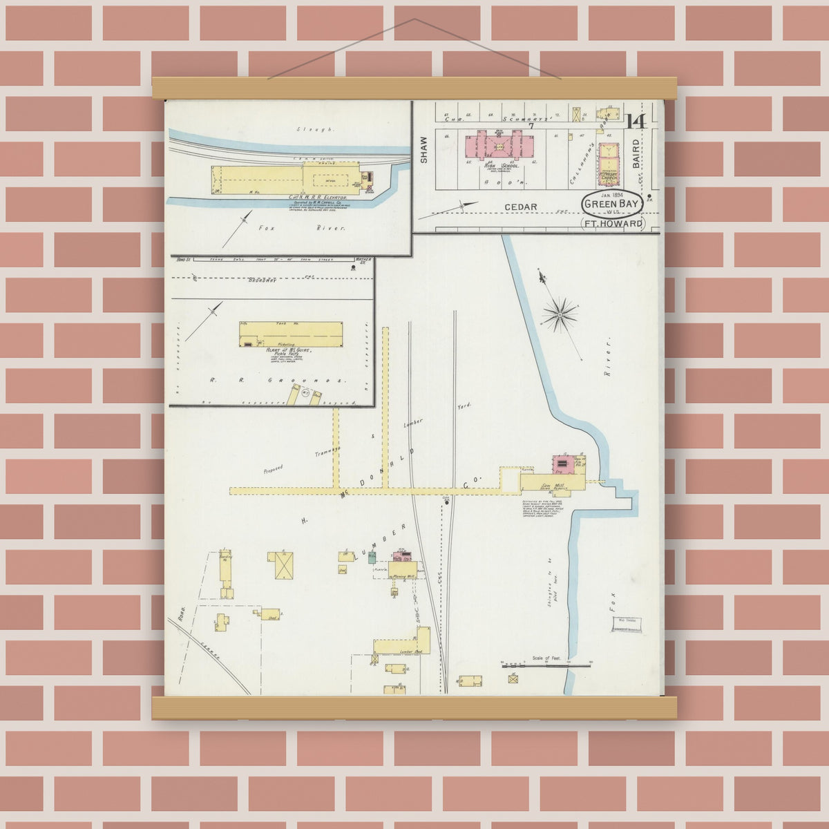 Old map wall art mockup — magnetic wood frame on brick wall — Sanborn Fire Insurance Map from Green Bay, Brown County, Wisconsin (1894), Sheet #0014