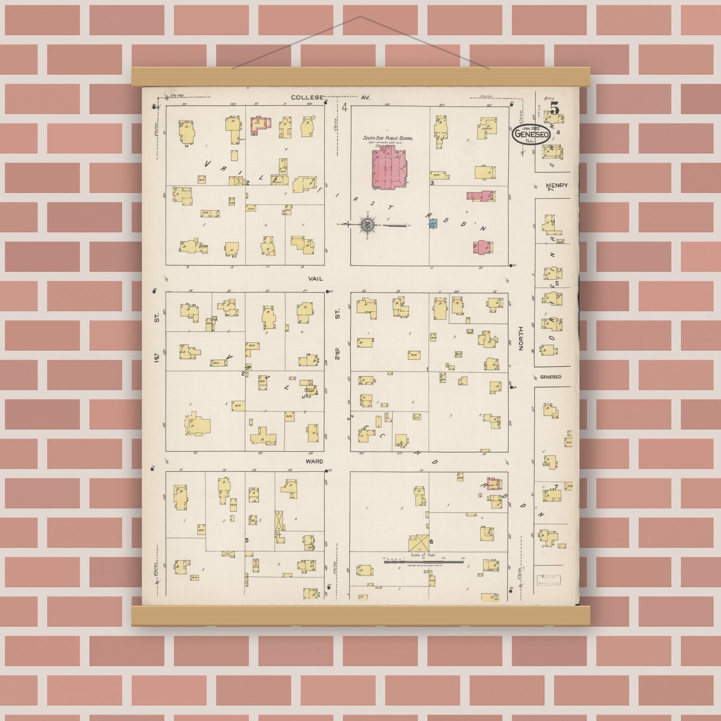 Old map wall art mockup — magnetic wood frame on brick wall — Sanborn Fire Insurance Map from Geneseo, Henry County, Illinois (1922), Sheet #0005