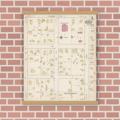 Old map wall art mockup — magnetic wood frame on brick wall — Sanborn Fire Insurance Map from Geneseo, Henry County, Illinois (1922), Sheet #0005