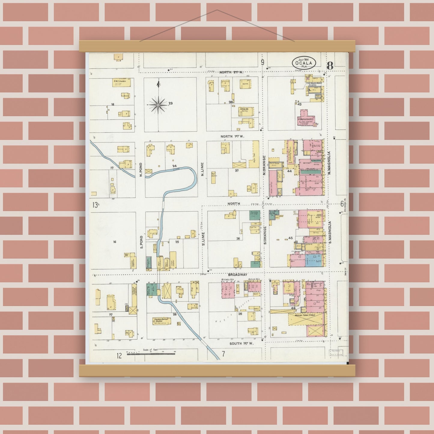 Old map wall art mockup — magnetic wood frame on brick wall — Sanborn Fire Insurance Map from Ocala, Marion County, Florida (1906), Sheet #0008