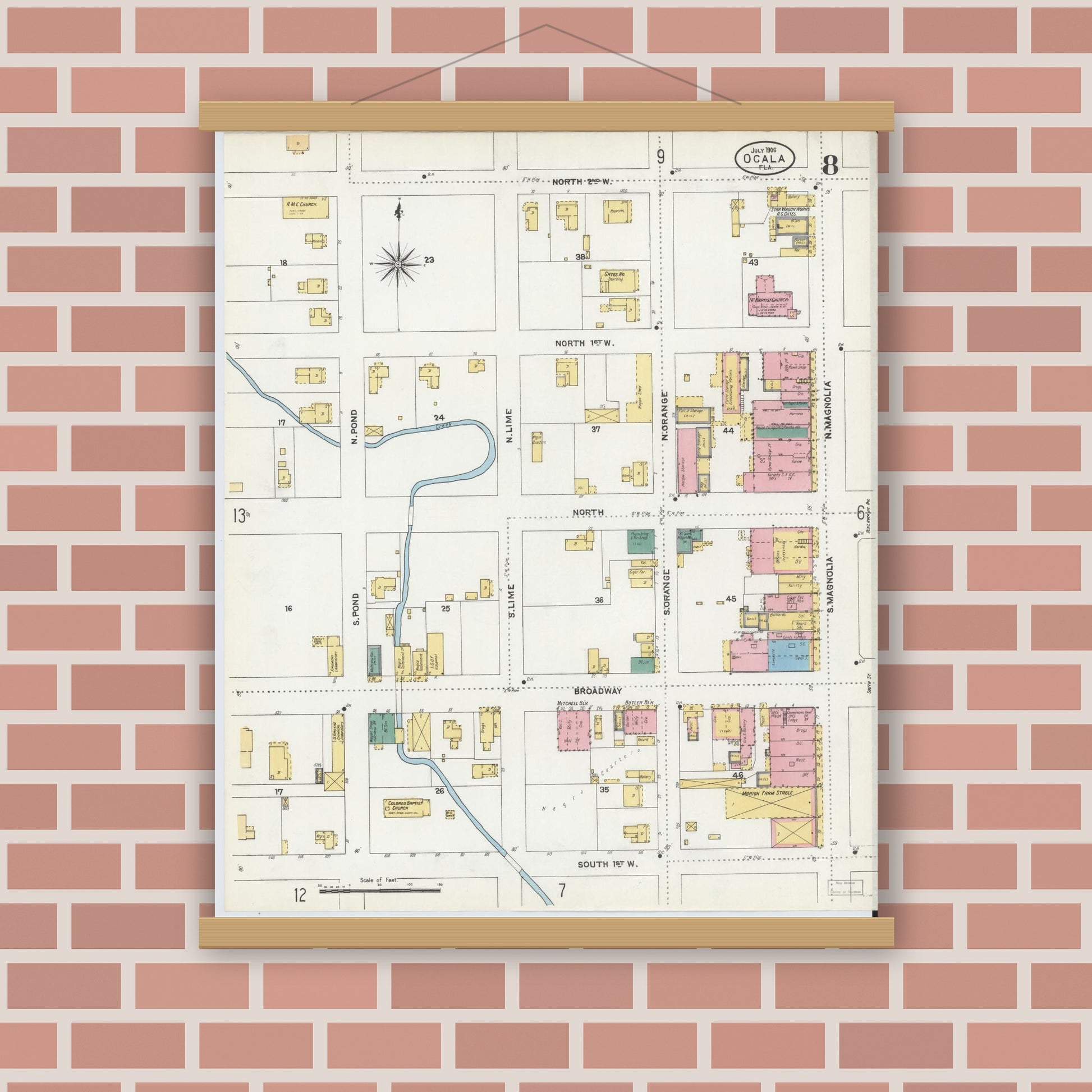Old map wall art mockup — magnetic wood frame on brick wall — Sanborn Fire Insurance Map from Ocala, Marion County, Florida (1906), Sheet #0008