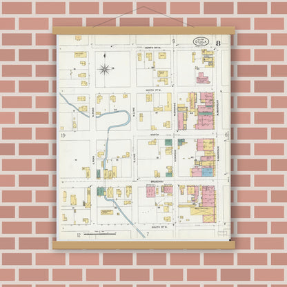Old map wall art mockup — magnetic wood frame on brick wall — Sanborn Fire Insurance Map from Ocala, Marion County, Florida (1906), Sheet #0008