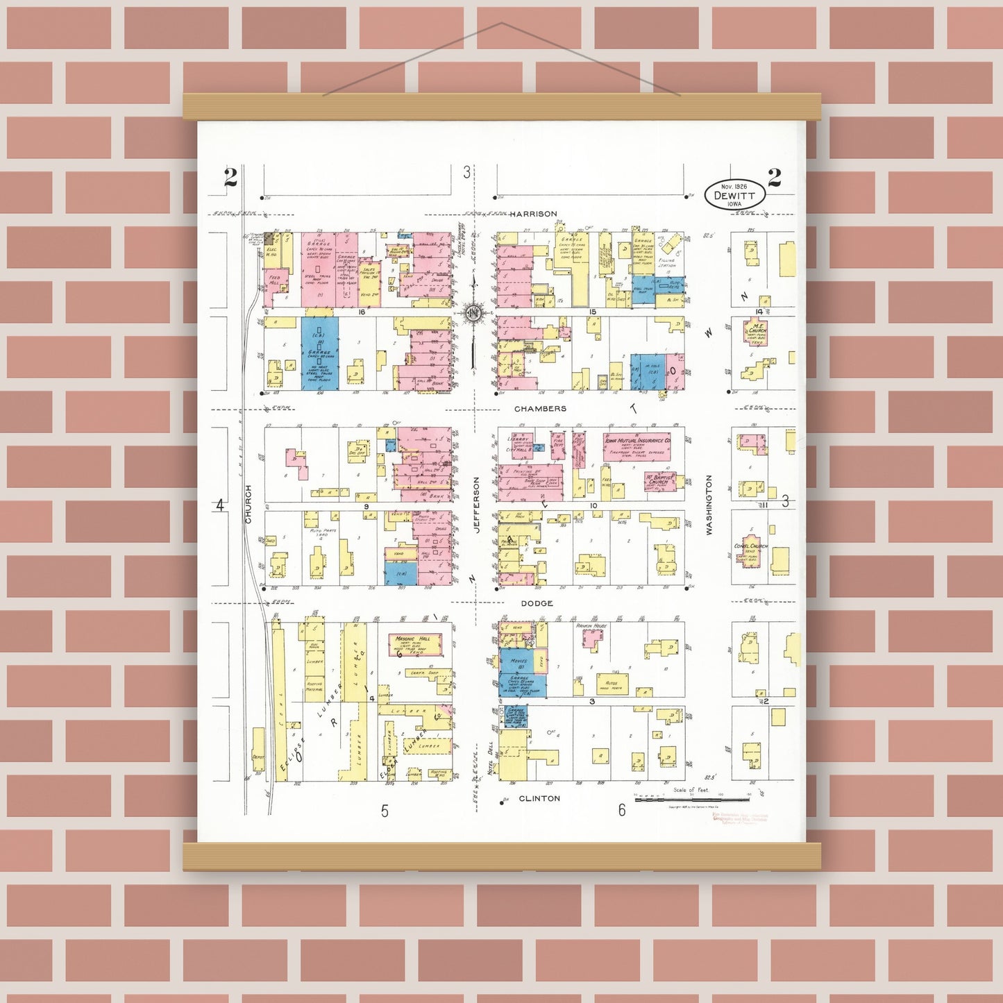 Old map wall art mockup — magnetic wood frame on brick wall — Sanborn Fire Insurance Map from De Witt, Clinton County, Iowa (1926), Sheet #0002