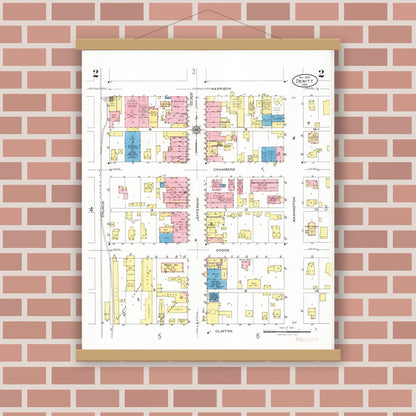 Old map wall art mockup — magnetic wood frame on brick wall — Sanborn Fire Insurance Map from De Witt, Clinton County, Iowa (1926), Sheet #0002