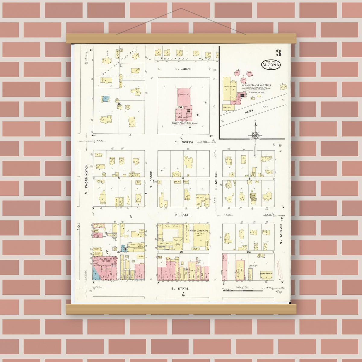 Old map wall art mockup — magnetic wood frame on brick wall — Sanborn Fire Insurance Map from Algona, Kossuth County, Iowa (1913), Sheet #0003