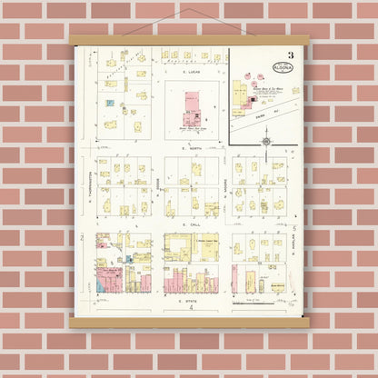 Old map wall art mockup — magnetic wood frame on brick wall — Sanborn Fire Insurance Map from Algona, Kossuth County, Iowa (1913), Sheet #0003