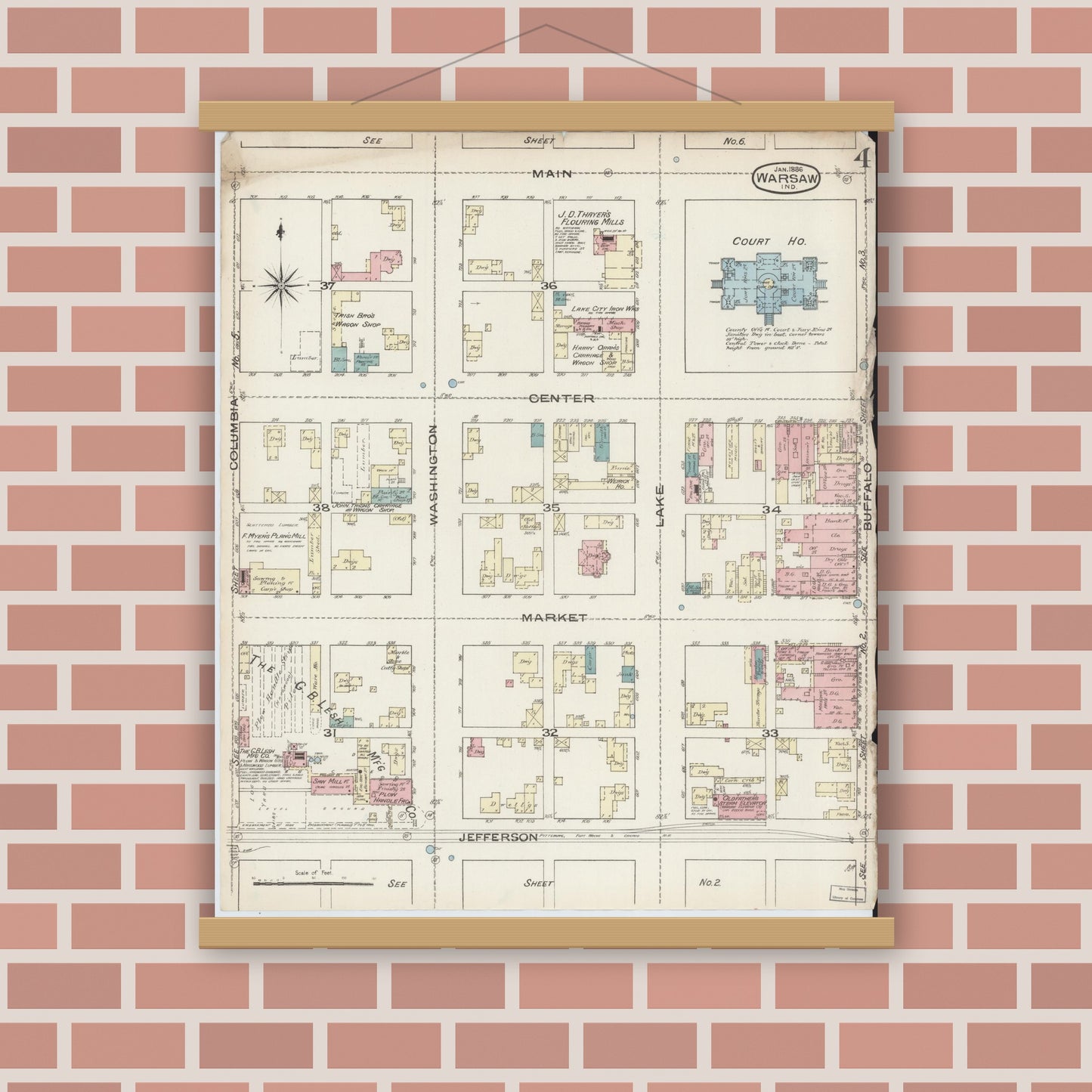 Old map wall art mockup — magnetic wood frame on brick wall — Sanborn Fire Insurance Map from Warsaw, Kosciusko County, Indiana (1886), Sheet #0004