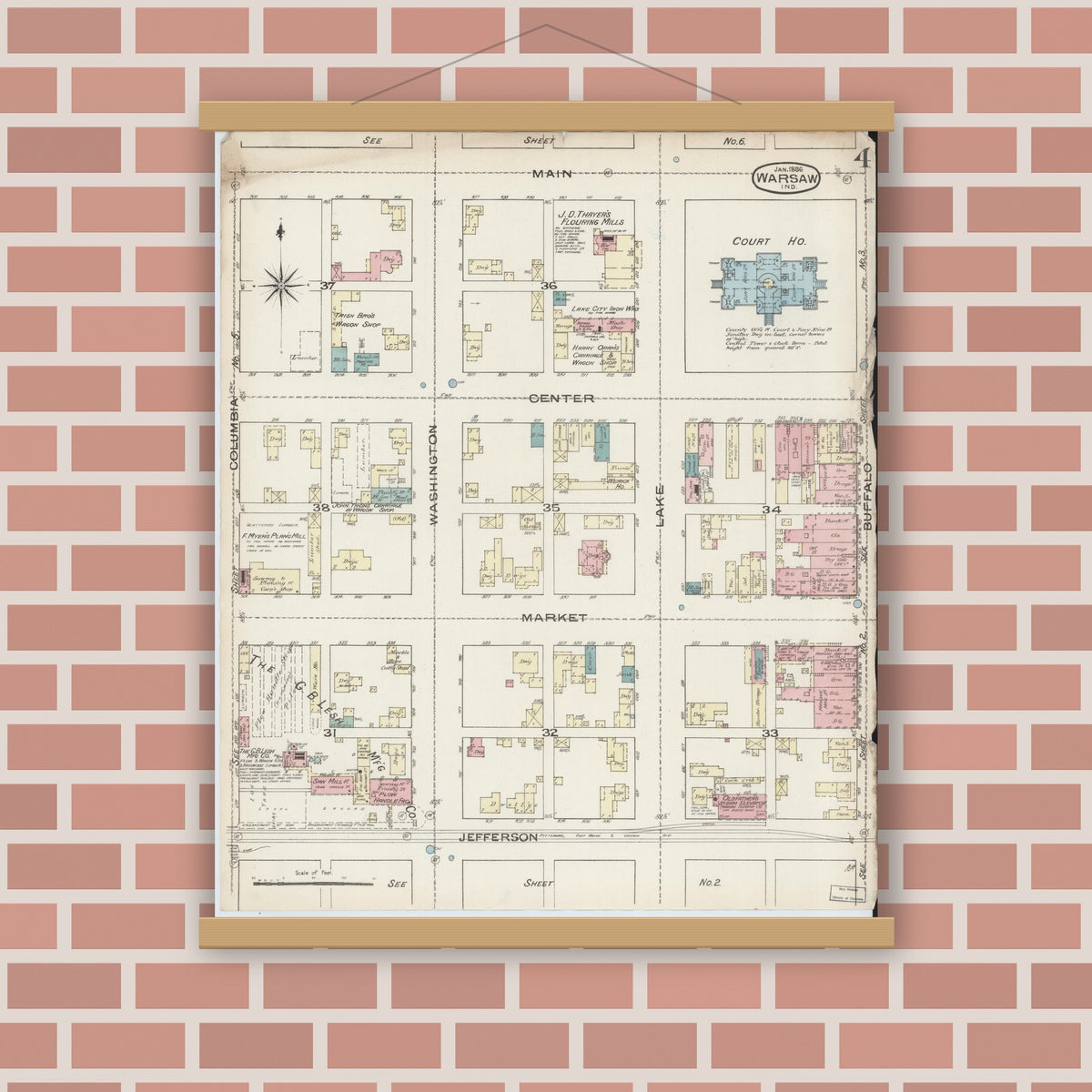 Old map wall art mockup — magnetic wood frame on brick wall — Sanborn Fire Insurance Map from Warsaw, Kosciusko County, Indiana (1886), Sheet #0004