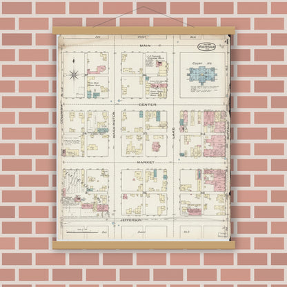 Old map wall art mockup — magnetic wood frame on brick wall — Sanborn Fire Insurance Map from Warsaw, Kosciusko County, Indiana (1886), Sheet #0004