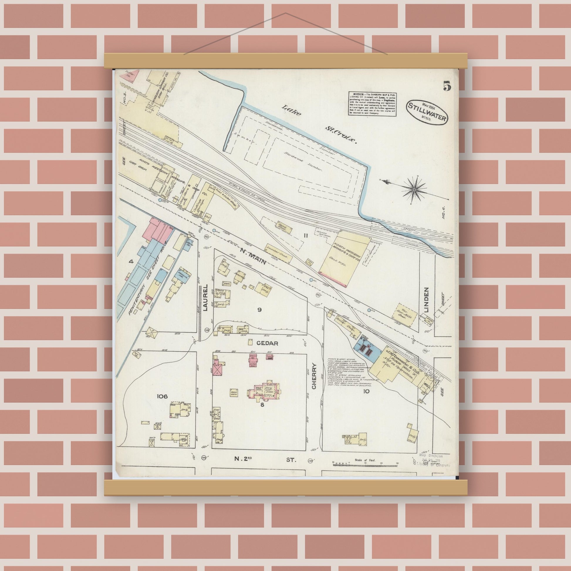 Old map wall art mockup — magnetic wood frame on brick wall — Sanborn Fire Insurance Map from Stillwater, Washington County, Minnesota (1884), Sheet #0005