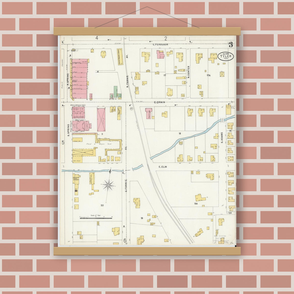 Old map wall art mockup — magnetic wood frame on brick wall — Sanborn Fire Insurance Map from Tyler, Smith County, Texas (1898), Sheet #0003