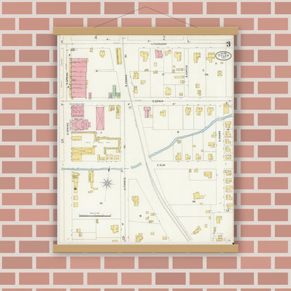 Old map wall art mockup — magnetic wood frame on brick wall — Sanborn Fire Insurance Map from Tyler, Smith County, Texas (1898), Sheet #0003