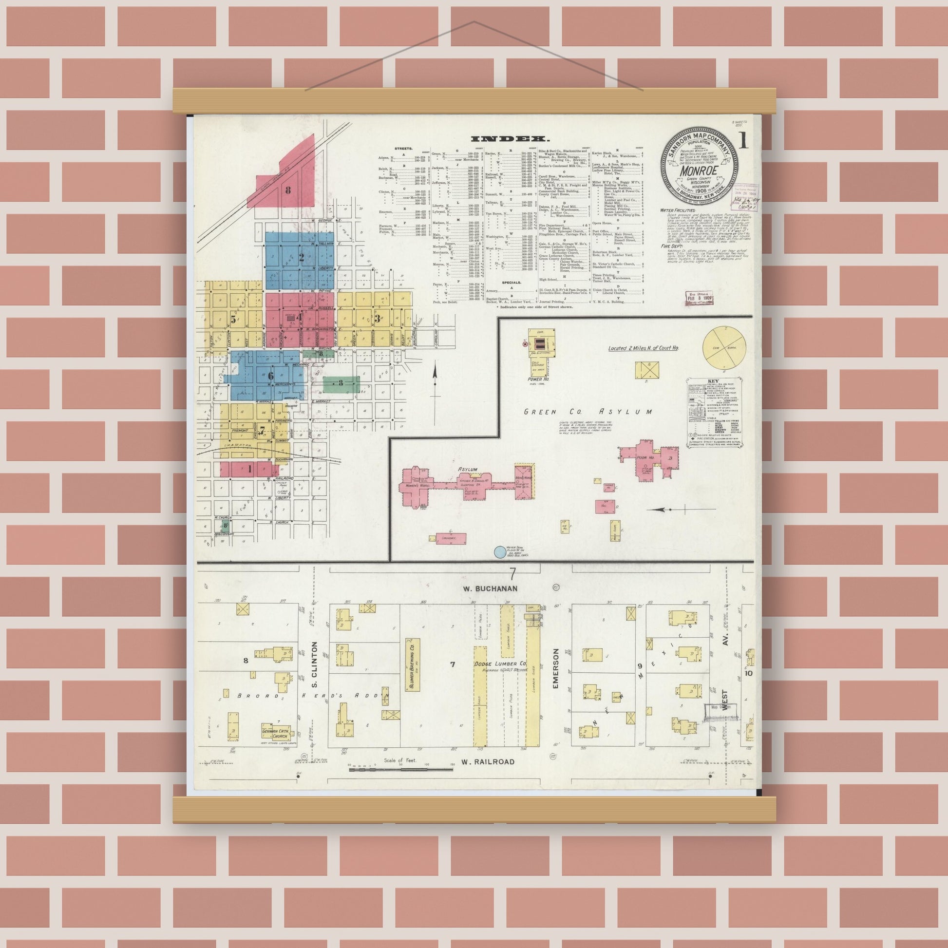 Old map wall art mockup — magnetic wood frame on brick wall — Sanborn Fire Insurance Map from Monroe, Green County, Wisconsin (1908) - Complete Map Set
