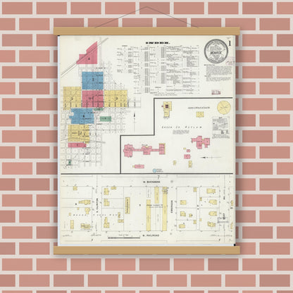Old map wall art mockup — magnetic wood frame on brick wall — Sanborn Fire Insurance Map from Monroe, Green County, Wisconsin (1908) - Complete Map Set
