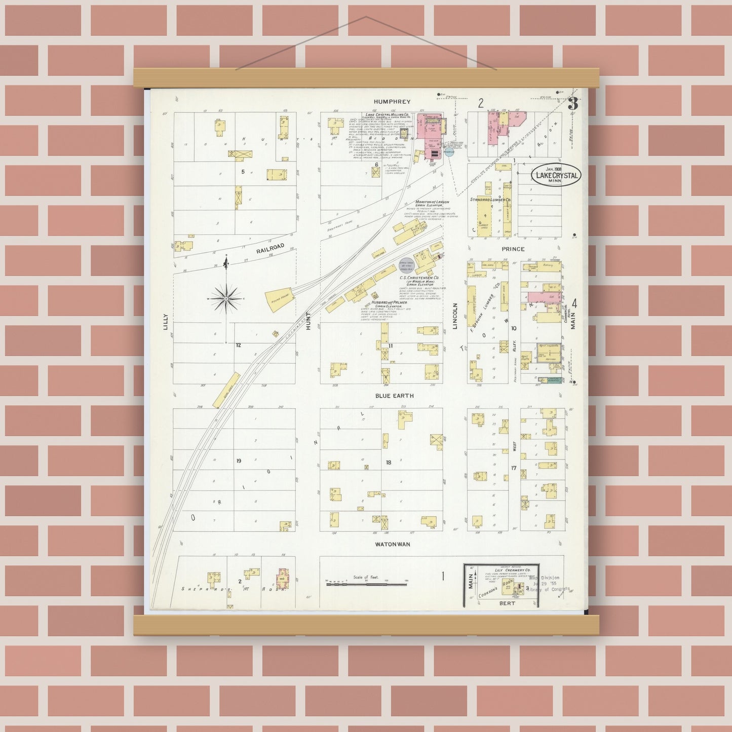 Old map wall art mockup — magnetic wood frame on brick wall — Sanborn Fire Insurance Map from Lake Crystal, Blue Earth County, Minnesota (1908), Sheet #0003