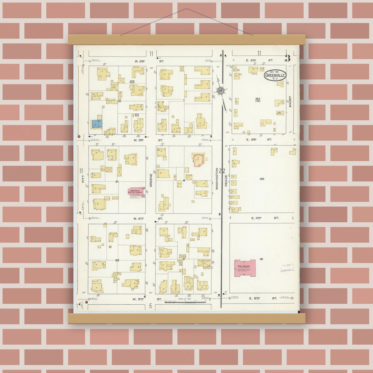 Old map wall art mockup — magnetic wood frame on brick wall — Sanborn Fire Insurance Map from Greenville, Pitt County, North Carolina (1916), Sheet #0003