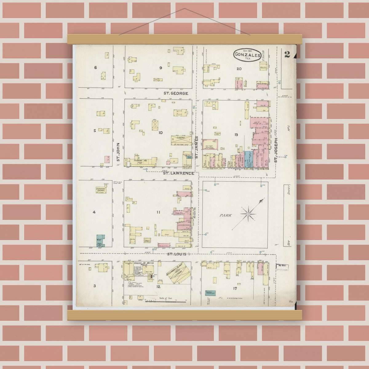 Old map wall art mockup — magnetic wood frame on brick wall — Sanborn Fire Insurance Map from Gonzales, Gonzales County, Texas (1891), Sheet #0002